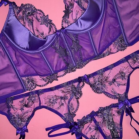 Victoria's Secret 32B,34B,34D CORSET BRA TOP SET+garter+PURPLE SILVER STARSTRUCK - Picture 3 of 6